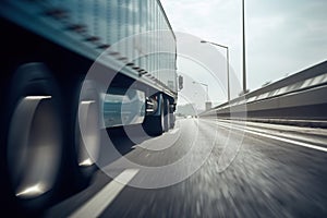 Moving truck highway scene, low camera angle from rear corner of truck