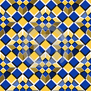 Moving truncated pyramids on a checkered surface. Abstract vector seamless pattern