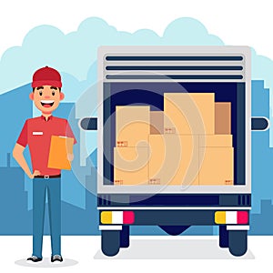 Moving van with courier man