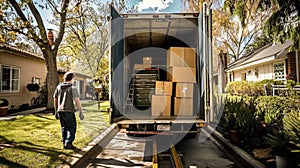 Moving Van On Street With Ramp, Boxes And Household Furnishings