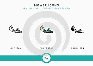Mower icons set vector illustration with solid icon line style. Plant gardening agriculture concept.