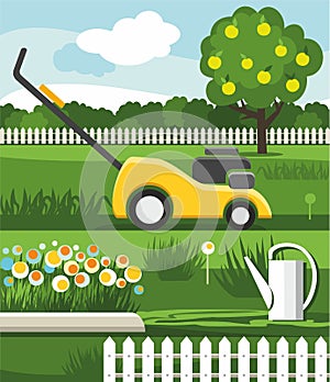 Mower, lawn, flowerbed, Apple