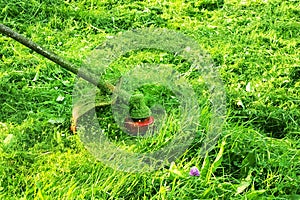 Mowing green wild grass field using brush cutter mower or power tool string lawn trimmer. To mow a grass with the trimmer.