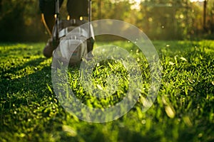 Mowing the lawn by lawnmower in the backyard. Garden background