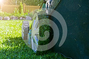 Mowing lawns. Lawn mower on green grass. Mower grass equipment. Mowing gardener care work tool. Close up view. Sunny day. Soft lig