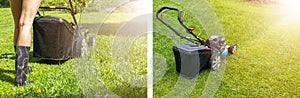 Mowing lawns. Lawn mower on green grass. mower grass equipment. mowing gardener care work tool close up view sunny day. Soft light
