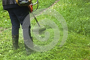 Mows the grass with a hand-held lawn mower. The gardener is cutting the lawn