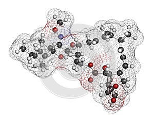 Moxidectin anthelmintic drug molecule. 3D rendering. Atoms are represented as spheres with conventional color coding: hydrogen . photo