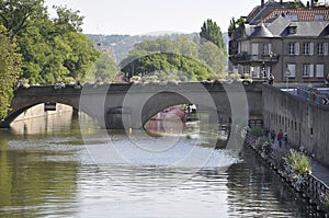 Moyen Pont Bridge view over Moselle river in Old Town of Metz City of France photo