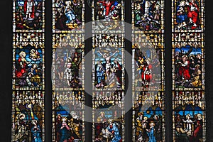 Mozaic of old catholic religion Biblic scenes with Jesus and prophets made from Colorful Stained Glass