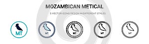 Mozambican metical icon in filled, thin line, outline and stroke style. Vector illustration of two colored and black mozambican