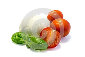 Mozarella basil and tomato isolated on white background