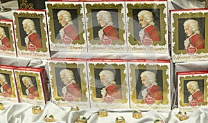 Mozartkugel displayed in the window