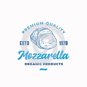 Mozzarella Abstract Vector Sign, Symbol or Logo Template. Hand Drawn Sketch Cheese Piece with Retro Typography. Vintage