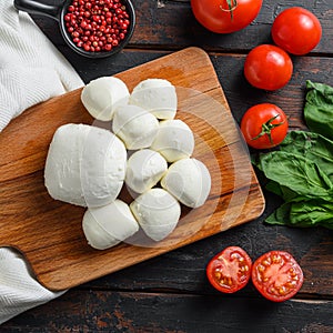 Mozzarella cheese balls, cherry tomatoes and green fresh organic basil  square top view