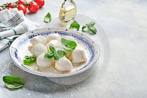 Mozzarella cheese with basil in white ceramic plate, tomato cherry olive oil and spice grinder, condiments, pepper tomato cherry