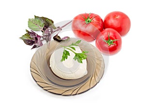 Mozzarella cheese on glass saucer, tomatoes and potherb