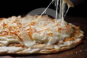 mozzarella cheese shreds melting on hot pizza crust