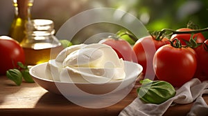 Mozzarella cheese: soft, snowy curds that stretch. A milky, mild flavor with a hint of creaminess