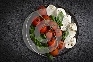 Mozzarella cheese, tomato, basil on a dark background