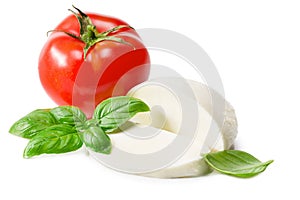 Mozzarella cheese with tomato and basil isolated on white background