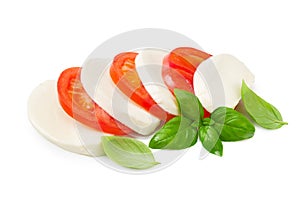 Mozzarella cheese with tomato and basil isolated on white background