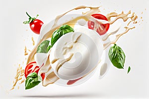 Mozzarella cheese with tomato and basil on a white background. Generative AI