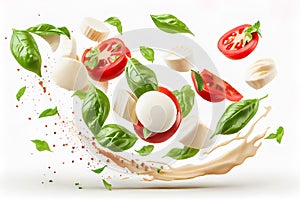 Mozzarella cheese with tomato and basil on a white background. Generative AI