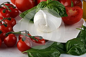 Mozzarella. Traditional italian food. White ball mozzarella buffalo Italian soft cheese with tomato and fresh basil