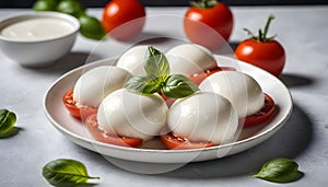 Mozzarella typical Italian product derived from milk with tomatoes photo