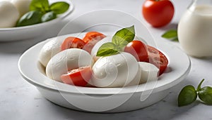 Mozzarella typical Italian product derived from milk with tomatoes photo