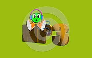 MP3, compression audio coding format, MPEG Layer III audio. Headset graphic. Emoticon with surprise facial expression.