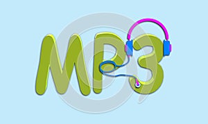 MP3 in 3D text, popular lossy compression audio coding format, MPEG Layer III audio. Sound file format.