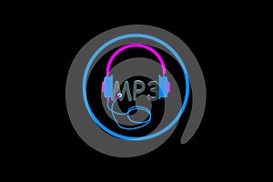 MP3. Headset graphic. Icon, button on black color background.