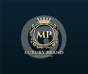 MP Initial Letter Gold calligraphic feminine floral hand drawn heraldic monogram antique vintage style luxury logo design Premium