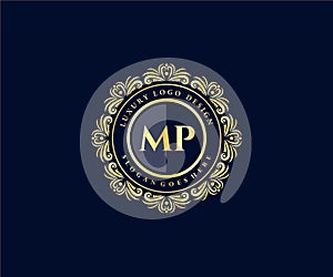 MP Initial Letter Gold calligraphic feminine floral hand drawn heraldic monogram antique vintage style luxury logo design Premium