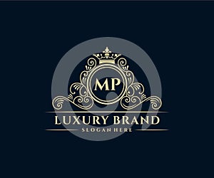 MP Initial Letter Gold calligraphic feminine floral hand drawn heraldic monogram antique vintage style luxury logo design Premium