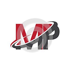 MP initial logo company name colored red and black swoosh design, isolated on white background. vector logo for business and