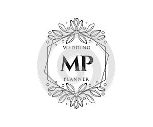 MP Initials letter Wedding monogram logos collection, hand drawn modern minimalistic and floral templates for Invitation cards,