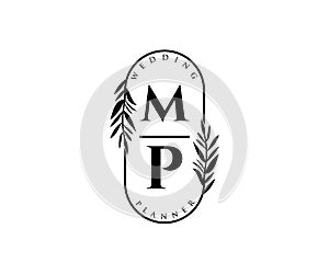 MP Initials letter Wedding monogram logos collection, hand drawn modern minimalistic and floral templates for Invitation cards,