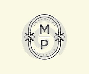 MP Initials letter Wedding monogram logos template, hand drawn modern minimalistic and floral templates for Invitation cards, Save