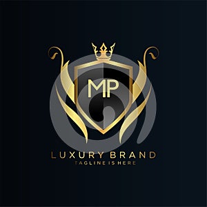 MP Letter Initial with Royal Template.elegant with crown logo vector, Creative Lettering Logo Vector Illustration