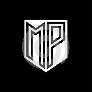 MP Logo monogram shield geometric black line inside white shield color design