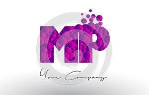 MP M P Dots Letter Logo with Purple Bubbles Texture.