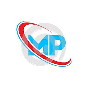 MP M P letter logo design. Initial letter MP linked circle upercase monogram logo red and blue. MP logo, M P design