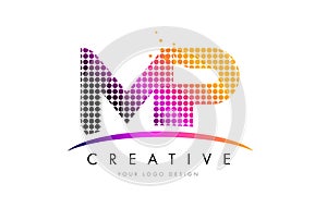 MP M P Letter Logo Design with Magenta Dots and Swoosh