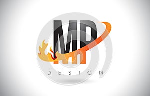 MP M P Letter Logo with Fire Flames Design and Orange Swoosh.