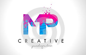 MP M P Letter Logo with Shattered Broken Blue Pink Texture Design Vector.