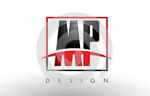 MP M P Logo Letters with Red and Black Colors and Swoosh.