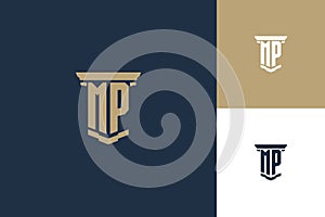 MP monogram initials logo design with pillar icon. Attorney law logo design